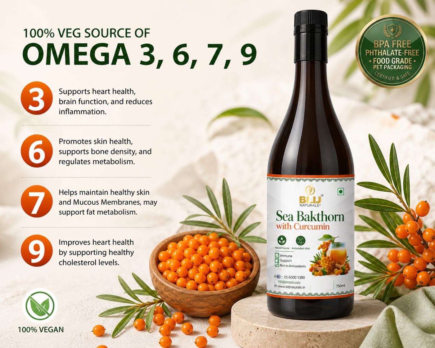 BLIJ Sea Buckthorn Juice | Pulp Concentrate (500 ml) Made for your Total Body Care & Wellness  , Rich in Vitamin C, Omega 3, 6, 7 & 9 , Loaded with Powerful Antioxidants , Supports Immunity, Skin & Heart Health , Suitable for Men & Women - Alternate View